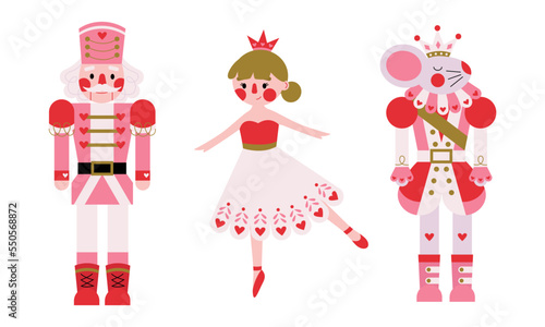 Christmas set of characters from the winter tale ballet Nutcracker's story. Nutcracker, mouse king, princess ballerina in pink colors with heart. Fairy tale characters, mascot. Vector.