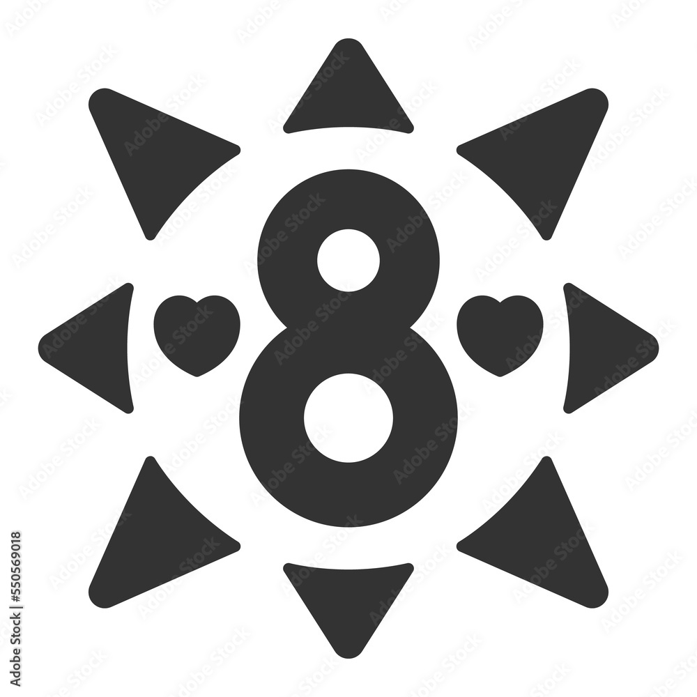 Number 8 with hearts shines with rays of light - icon, illustration on white background, glyph style Number 8 with hearts shines with rays of light - icon, illustration on white background, glyph style