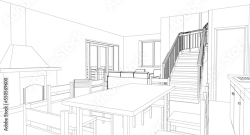3d interior. Kitchen, living room. Vector illustration.