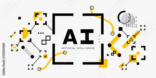 Technology background with abstract geometric shapes and lines. Ai (Artificial Intelligence) concept. Futuristic Hi-tech banner design with place for text. Flat style. Vector illustration