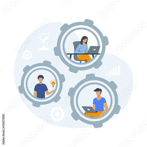 Time management vector illustration. People work on laptops, come up with ideas, complete tasks and control time. The concept of time management, successful organization of tasks, self-organization.