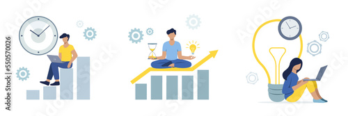 Time management vector illustration. People work on laptops, come up with ideas, complete tasks and control time. The concept of time management, successful organization of tasks, self-organization.