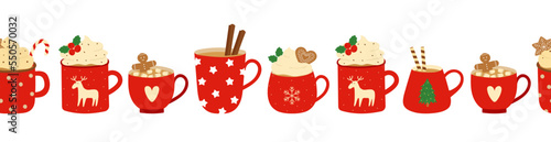 Seamless border with red cups, whipped cream, cinnamon sticks and gingerbread cookies. Background for cozy winter design.