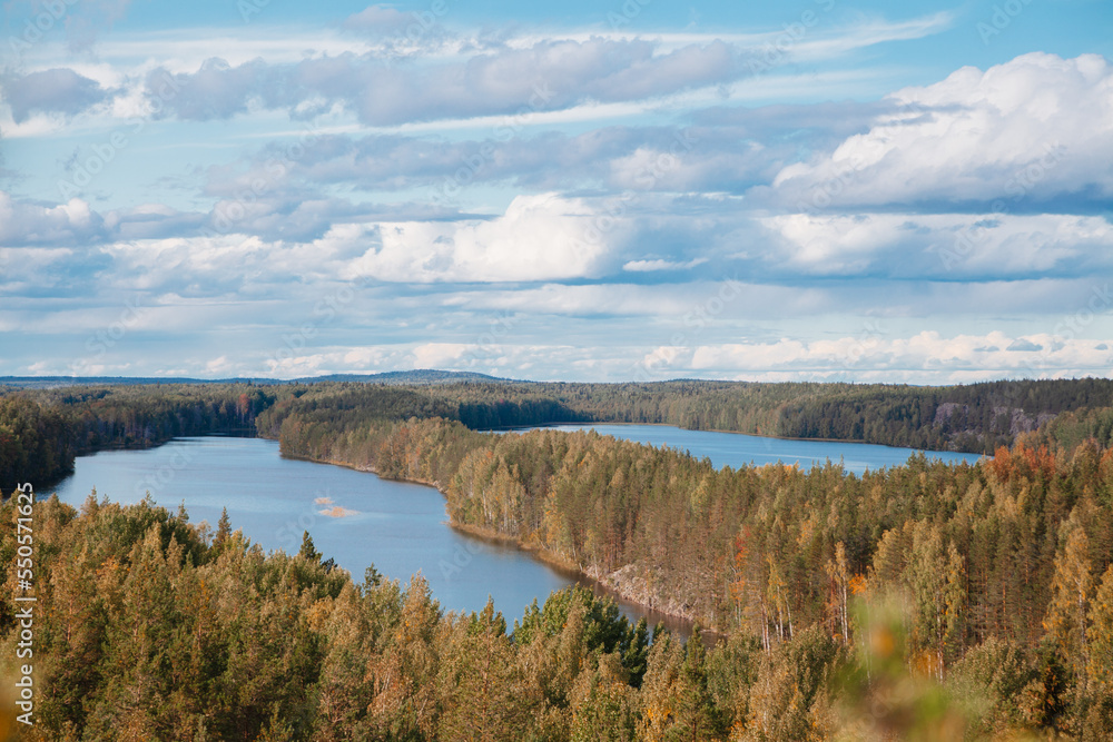 Picturesque view of the autumn forest and lakes unique lakes of Karelia. Hanging lakes Republic of Karelia.