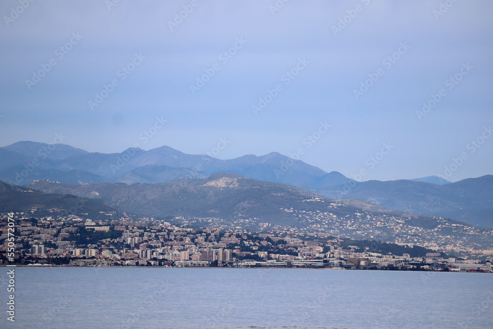 View of the Mediterranean Sea, coastline and mountains from Antibes