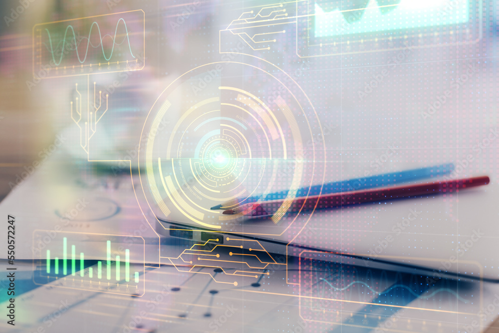 Double exposure of table with computer on background and data theme hologram. Data technology concept. Double exposure of table with computer on background and data theme hologram. Data technology concept.
