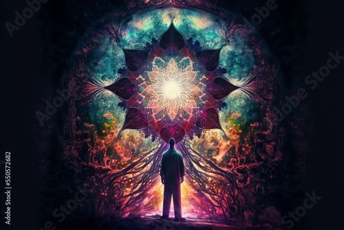 Man silhouetted in front of a spiritual portal with fractal mandalas