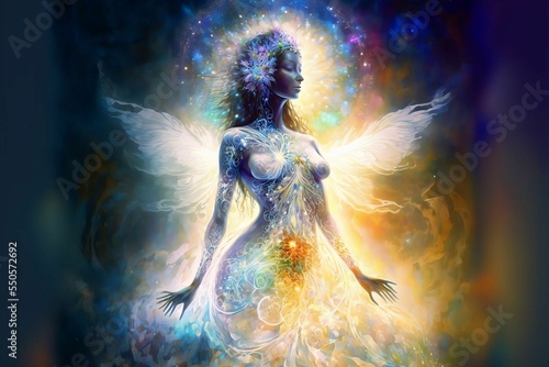 Angel standing in the divine light of the creator