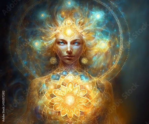 Drawing of woman in the middle of pure energy of spiritual design photo