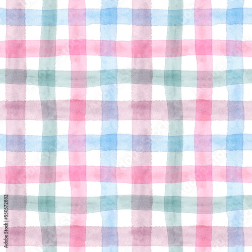 Seamless pattern of bright watercolor vertical and horizontal stripes. A grid of free brush strokes. Elements for the design of home textile, kitchen fabrics and surfaces.