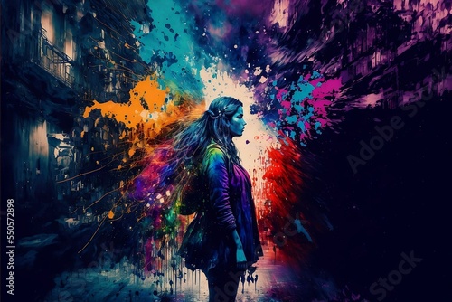 Abstract drawing of woman looking to the right in a street covered in colourful paint with an explosion of colour behind
