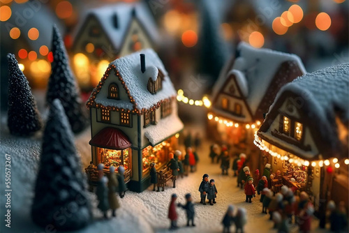 Tiny Bayern Christmas Village crowded with little Santa Claus and many elves, miniature and macro, Christmas decorations, Christmas trees, Christmas lights and presents