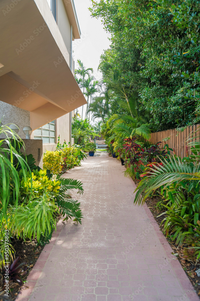 Pathway outside the building near the plants and wooden fence at the Miami bay in Florida