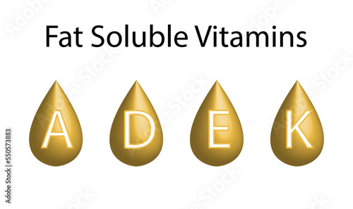 Fat soluble vitamins. Vitamin A, D, E and K. Gold oil droplets.  Isolated on White background. Essential vitamin for human body. Medical concepts. Dietary supplement. 3D Vector Illustration.