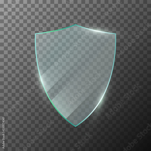 Glass shield on transparent background. Clear glossy acrylic plate with reflections. Safeguard or security icon. Safety label, award trophy or certificate template. 3d vector illustration