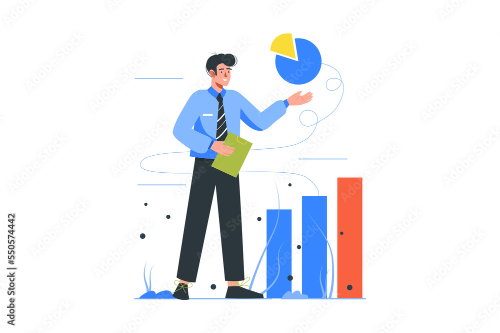 Business process modern flat concept. Businessman analyzes data and financial statistics, develops success business and earns income profit. Illustration with people scene for web banner design