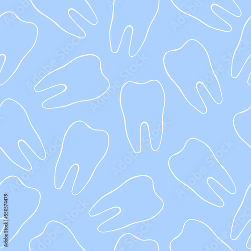 Vector seamless pattern with teeth on a blue background. Illustration on the theme of dentistry. The pattern of teeth. Stomatology concept outline illustration