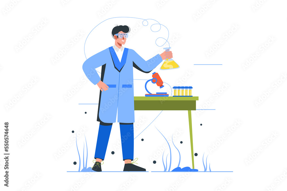 Science laboratory modern flat concept. Man scientist conducts lab test in glass flask and microscope. Scientific research and discoveries. Illustration with people scene for web banner design Science laboratory modern flat concept. Man scientist conducts lab test in glass flask and microscope. Scientific research and discoveries. Illustration with people scene for web banner design