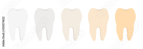 Tooth dental plaque stages icon set. Teeth in different stages of color change development. Flat cartoon vector illustration isolated on background. Dental hygiene, whitening, and treatment concept.