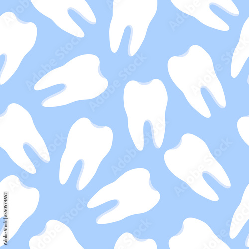 Vector seamless pattern with teeth on a blue background. Illustration on the theme of dentistry. The pattern of teeth. Stomatology concept flat illustration