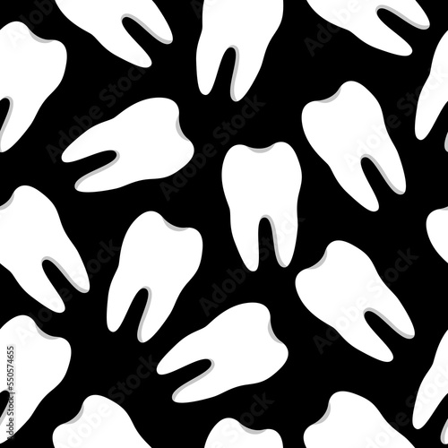 Vector seamless pattern with teeth on a black background. Illustration on the theme of dentistry. The pattern of teeth. Stomatology concept flat illustration
