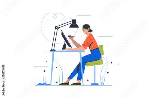 Design studio modern flat concept. Woman illustrator draws on tablet, comes up with creative ideas. Painter creates artwork in agency. Illustration with people scene for web banner design