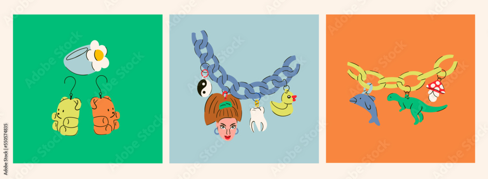 Plastic acrylic fake jewelry. Camomile ring, bear shaped earrings. Necklace chains with various pendants: doll's head, tooth, duck, mushroom, dinosaur, dolphin. Hand drawn Vector illustrations