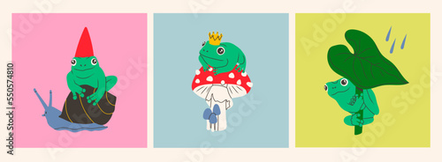 Set of cute Frogs. Frog with crown sitting on a red mushroom, frog hiding under the leaf, frog wearing red hat riding on a snail's back. Funny cartoon characters. Hand drawn Vector illustrations