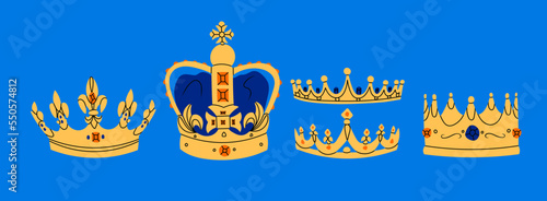 Set of golden Crowns. Jewel headdress. Symbol of princess, king, prince and queen. Royal, aristocratic, coronation, monarchy concept. Hand drawn trendy Vector illustration. Isolated elements