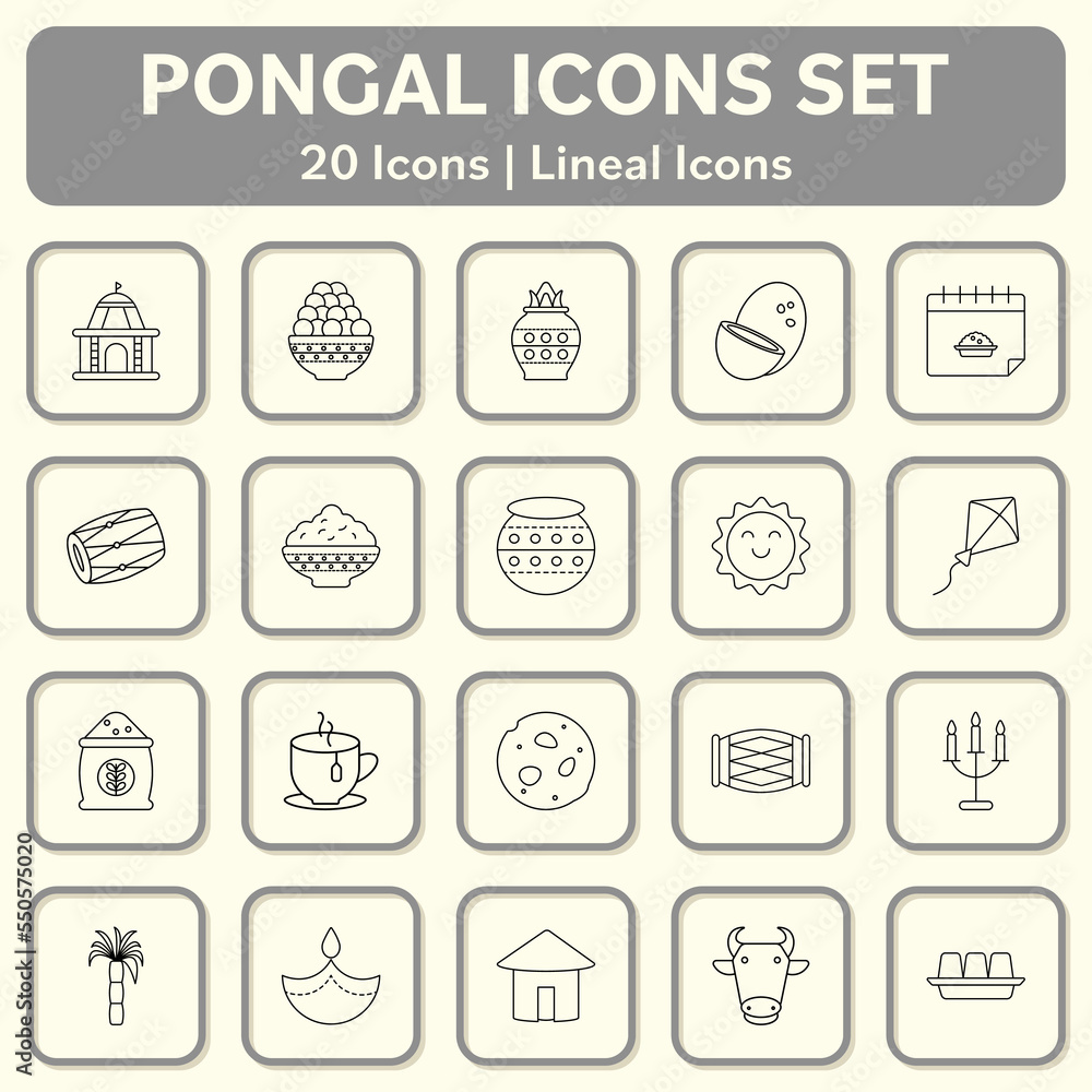 Set Of 20 Black Lineal Pongal Celebration Icons On Square Background In Grey And Beige Color.