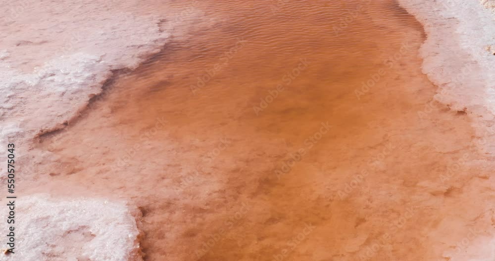 Closeup detailed shot of unrefined salt in Salt lake in Tunisia Chott el Djerid red color of water from the salt minerals. Largest salt lake in the Sahara Desert. Closeup detailed shot of unrefined salt in Salt lake in Tunisia Chott el Djerid red color of water from the salt minerals. Largest salt lake in the Sahara Desert.
