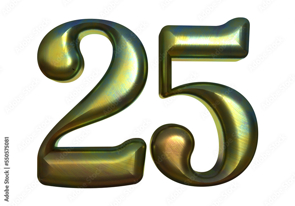 Isolated Logo of Alphabet 25 or Twenty Five, Silver Jubilee Anniversary. Gold Metallic 3D Render Illustration. Isolated Logo of Alphabet 25 or Twenty Five, Silver Jubilee Anniversary. Gold Metallic 3D Render Illustration.