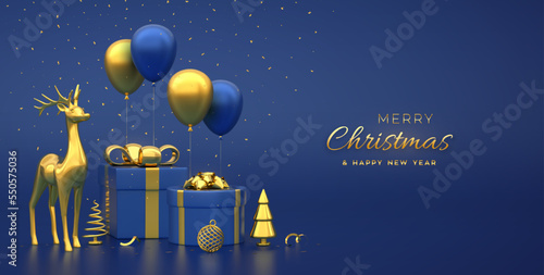 Christmas banner. Composition from gift boxes with golden bow gold deer  metallic pine  spruce trees  festive helium balloons. New Year trees  balls. Xmas background  header. Vector 3D illustration.