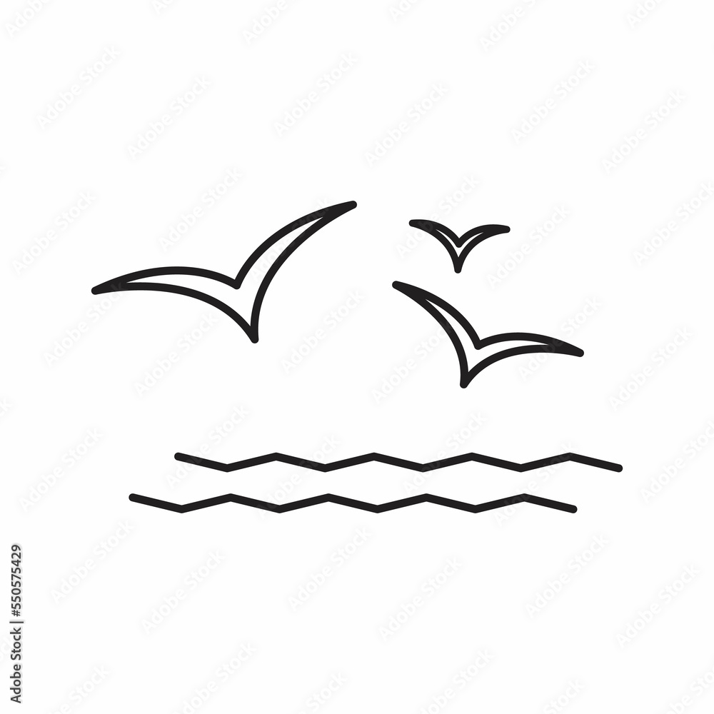 Naklejka premium Wave thin line icon. Seagull banner in flat style. Sea poster. Linear pictogram. Simple illustration, outline symbol.