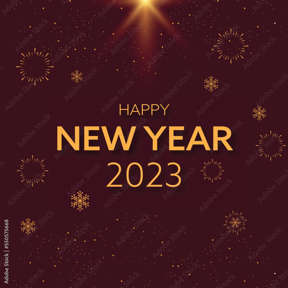 2023 Happy New Year Lettering With Snowflakes And Fireworks On Dark Claret Flare Effect Background. 2023 Happy New Year Lettering With Snowflakes And Fireworks On Dark Claret Flare Effect Background.
