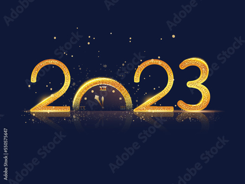 Golden 2023 Number With Half Wall Clock Against Bokeh Blurred Blue Background.