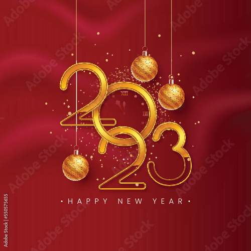 3D Stylish Golden 2023 Number With Creative Clock And Hanging Baubles On Red Silk Wave Background For Happy New Year Concept.