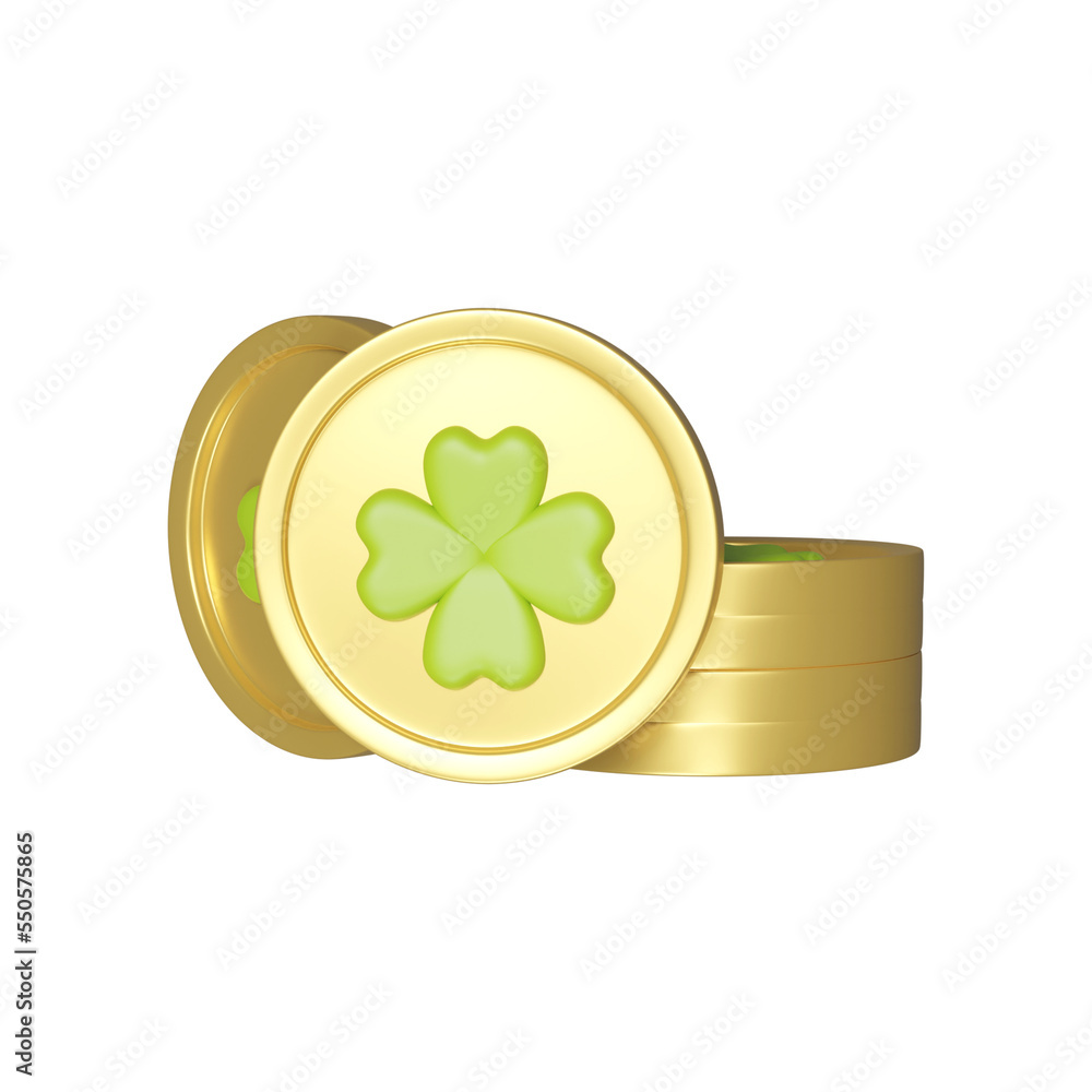 3D Render Clover Coin Stack Element In Green And Golden Color. 3D Render Clover Coin Stack Element In Green And Golden Color.