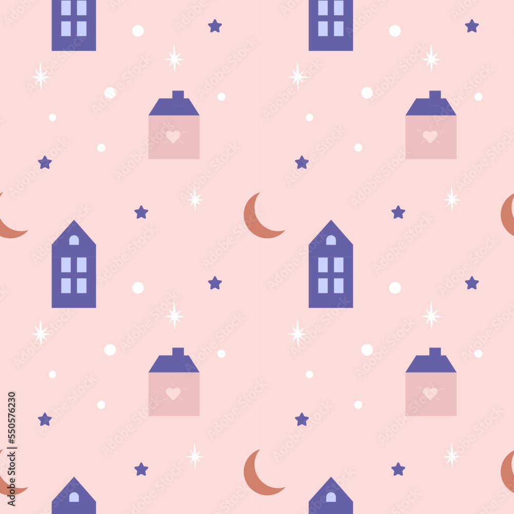 Cozy scandinavian pattern winter home. Merry Christmas and Happy New Year pattern. Cozy background pink for girl 