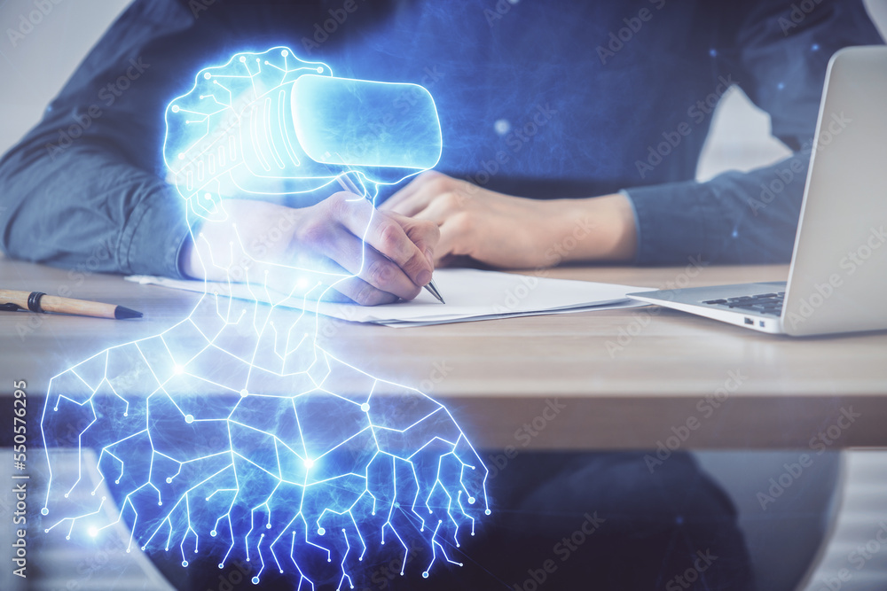 Fototapeta premium Abstract man wearing augmented reality headsets computer work with writing human background. AR concept. Double exposure.