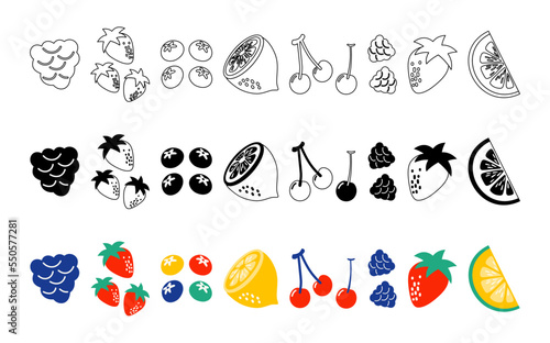 Strawberries oranges cherries blueberries on a white background. Bright summer fruit illustration. Fruit Mix design for decoration. Collection of fruits. Set of colorful cartoon fruit icons. Outline
