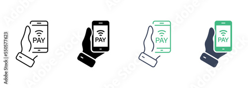 Hand Hold Smartphone for Payment Money Line and Silhouette Icon Set. Banking Service in Cellphone Pictogram. Contactless Pay Technology in Mobile Phone Symbol Collection. Isolated Vector Illustration