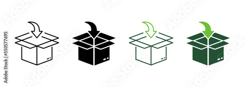 Put in Carton Parcel Box Delivery Service Silhouette and Line Icon. Packing Cardboard Pointing Arrow Inside Pictogram. Distribution Container Icon. Editable Stroke. Isolated Vector Illustration