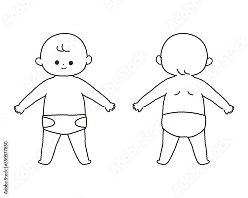 赤ちゃんの全身 正面と後ろ姿 白黒線画