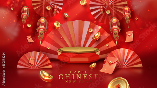 Red luxury background with product display podium element with 3d realistic chinese new year ornament and glitter light effect decoration and bokeh. Vector illustration.