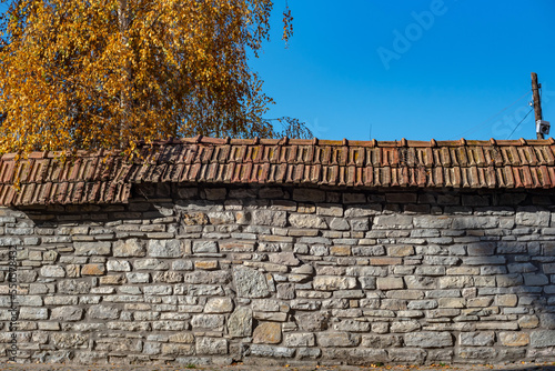 part of autumn natural landscape with a view of space; Part of the decoration of the facade of the building and the material from which it is built; a fence with tiles and an iron gate near a tree w