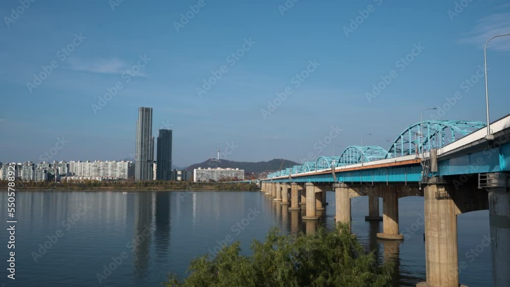 Han River and Dongjak Bridge At Daytime In Autumn In Seoul, South Korea. - wide Han River and Dongjak Bridge At Daytime In Autumn In Seoul, South Korea. - wide