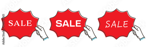 Vector illustration of hands holding a cute POP ad for a bargain sale.