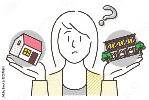 Single-family homeowner or renter? Young woman worried about comparing real estate properties [Vector illustration].