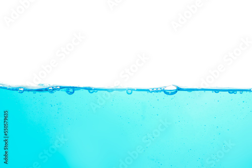 Light blue water splash with air bubbles isolated on clean white background, wave motion.